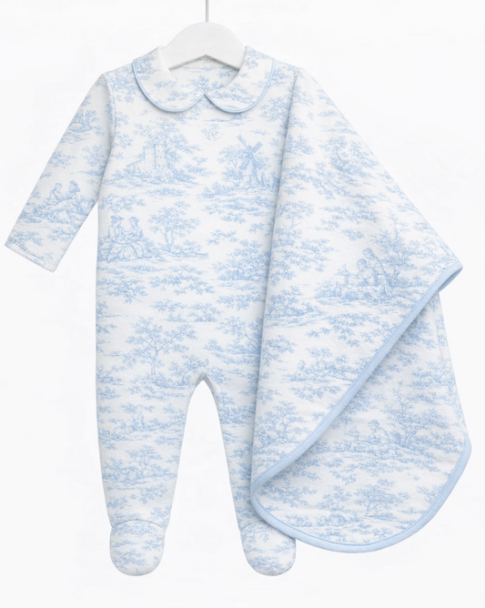 LPP EXCLUSIVES luxe unisex baby blue toile sleepsuit & blanket - End March Delivery.