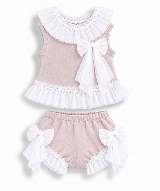 GRANLEI SS27 PREORDER MARCH DELIVERY - Vintage pink knitted girls tulle bow shorts set