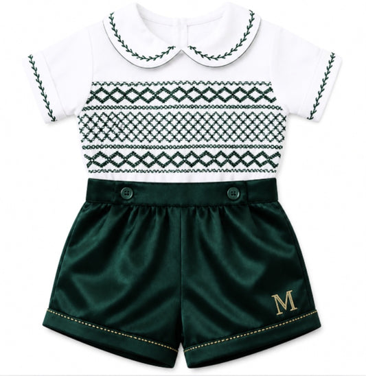 LPP EXCLUSIVE personalised emerald green Christmas satin smocked shorts set - End November delivery
