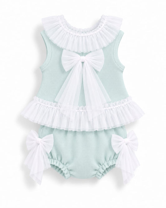GRANLEI SS27 PREORDER MARCH DELIVERY - Mint knitted girls tulle bow jam pants set