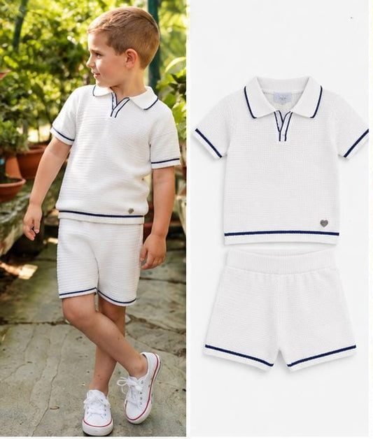 GRANLEI SS27 PREORDER MARCH DELIVERY - White & navy knitted boys shorts set