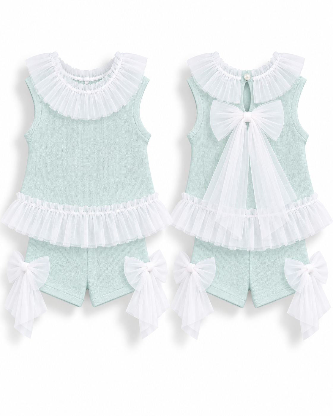 GRANLEI SS27 PREORDER MARCH DELIVERY - Mint knitted girls tulle bow shorts set