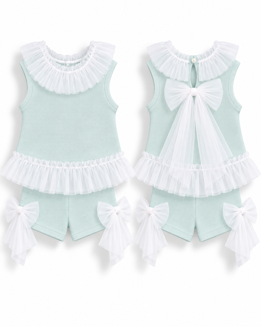 GRANLEI SS27 PREORDER MARCH DELIVERY - Mint knitted girls tulle bow shorts set