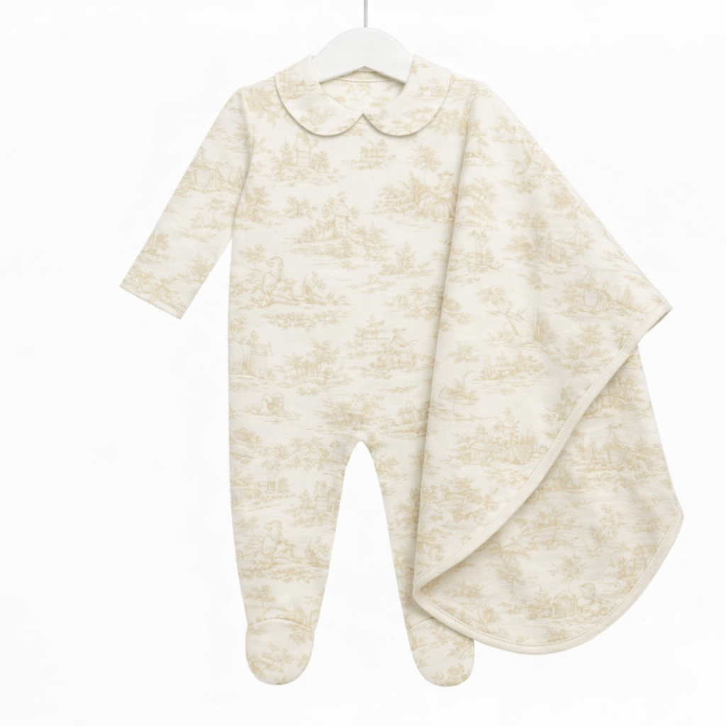 LPP EXCLUSIVES luxe unisex beige French toile baby sleepsuit & blanket - End March Delivery.