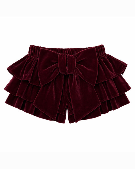 LPP EXCLUSIVE burgundy velvet frill shorts - End November delivery