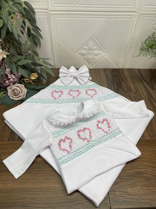 Smocked sleepsuit & blanket set - HANDMADE IN USA 6-8WK TURNAROUND
