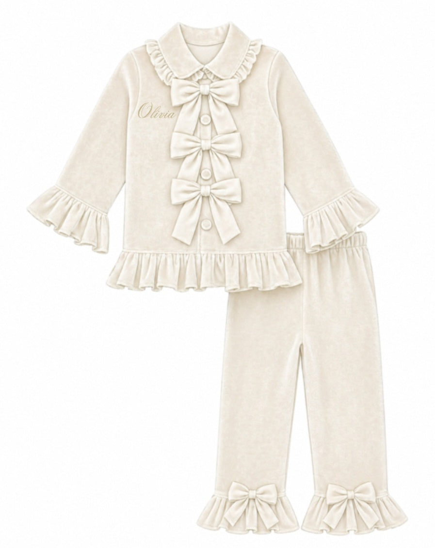 LPP EXCLUSIVE triple bow ivory velvet Christmas pyjamas - End November delivery
