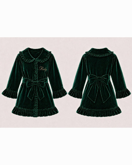 LPP EXCLUSIVE emerald green velvet girls frilly bow dressing gown - End November delivery