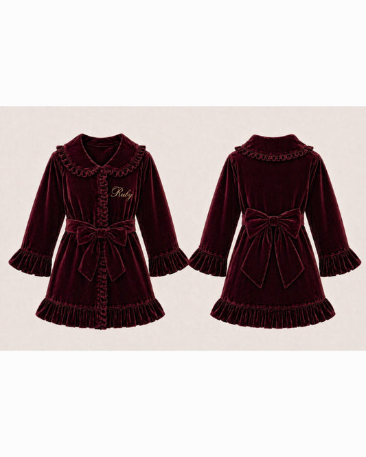 LPP EXCLUSIVE burgundy velvet girls frilly bow dressing gown - End November delivery