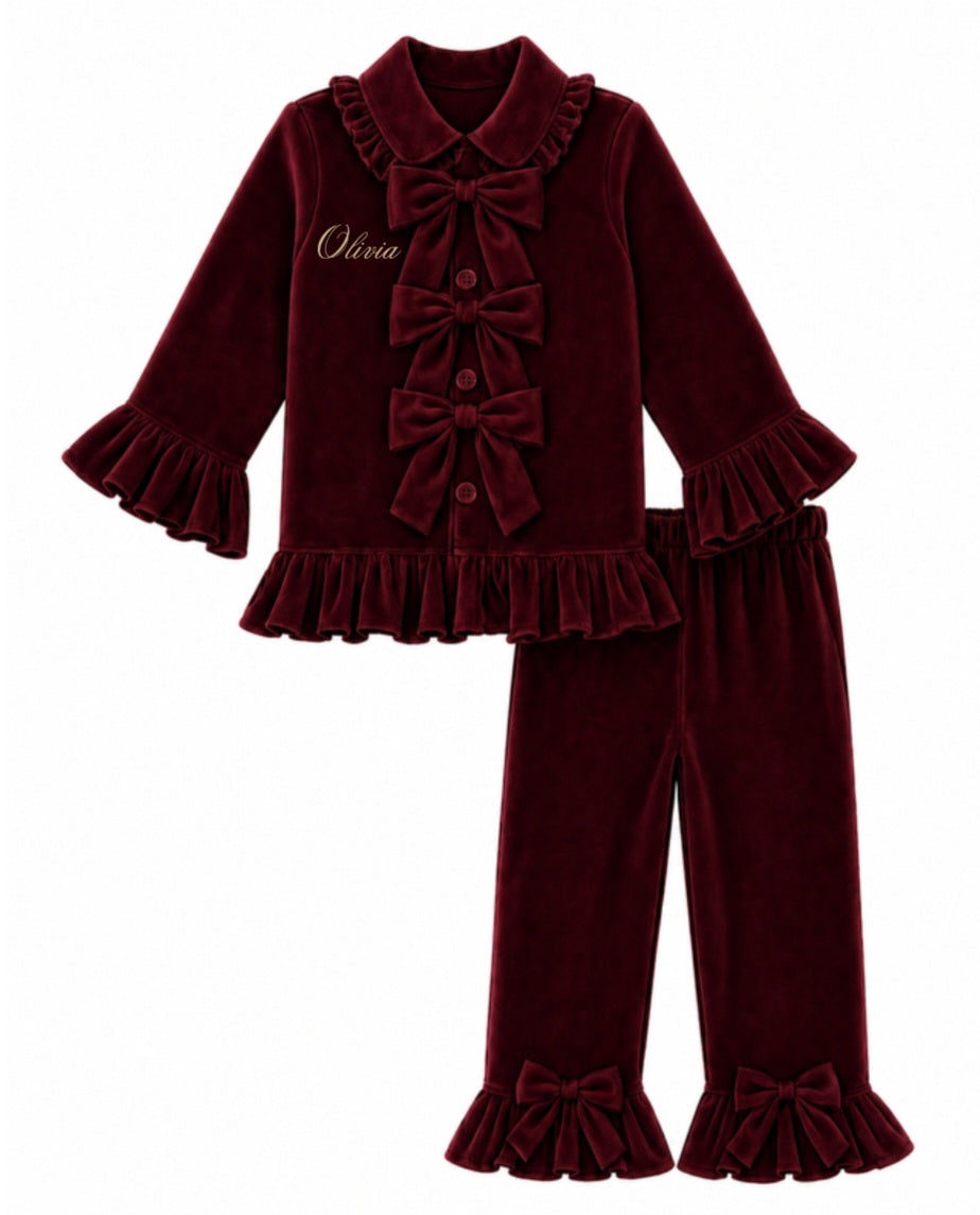 LPP EXCLUSIVE triple bow burgundy velvet Christmas pyjamas - End November delivery