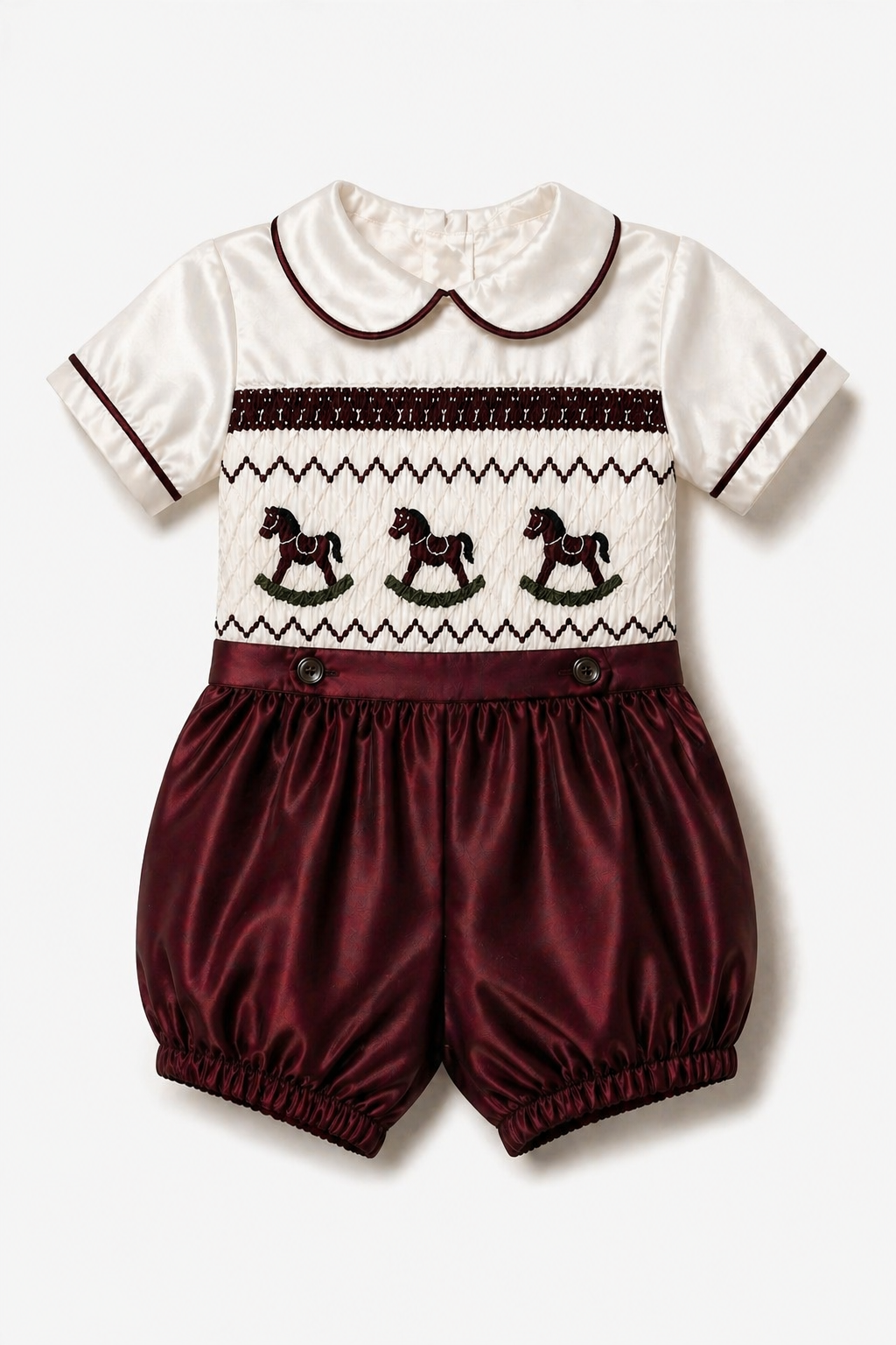 LPP EXCLUSIVE rocking horse burgundy Christmas satin smocked romper set - End November delivery
