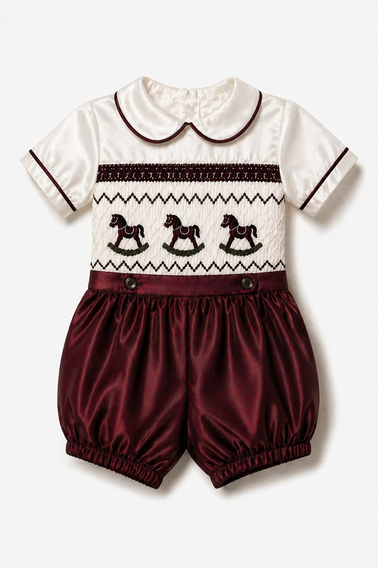 LPP EXCLUSIVE rocking horse burgundy Christmas satin smocked romper set - End November delivery