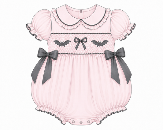 LPP EXCLUSIVE pink Halloween smocked double bow romper - Mid October delivery