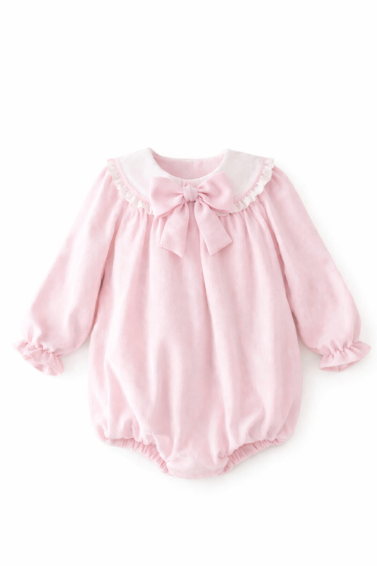 LPP EXCLUSIVES luxe pink girls collared bow romper - End March Delivery.