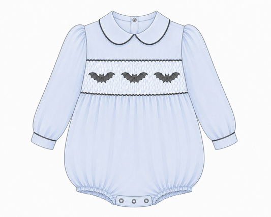 LPP EXCLUSIVE blue Halloween smocked romper - Mid October delivery