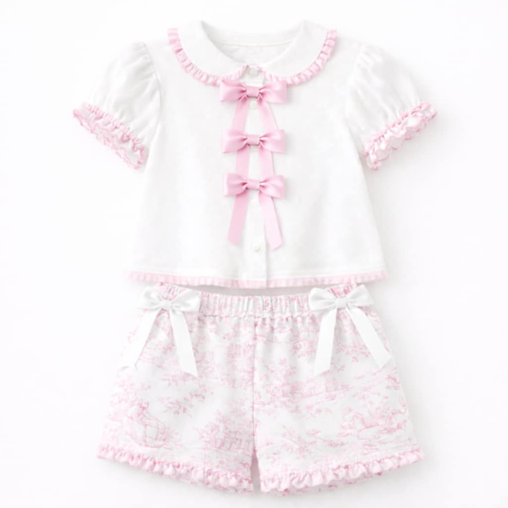 LPP EXCLUSIVES luxe pink French toile girls triple bow short set - End March Delivery.