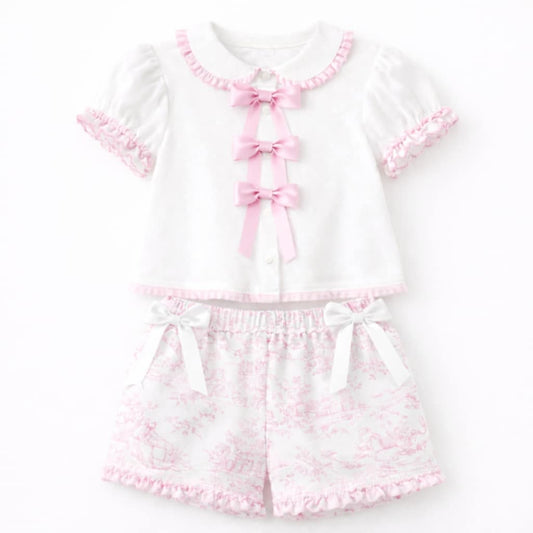 LPP EXCLUSIVES luxe pink French toile girls triple bow short set - End March Delivery.