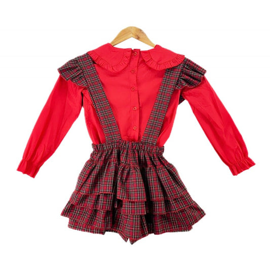 Girls tartan blouse & ruffle dungarees set