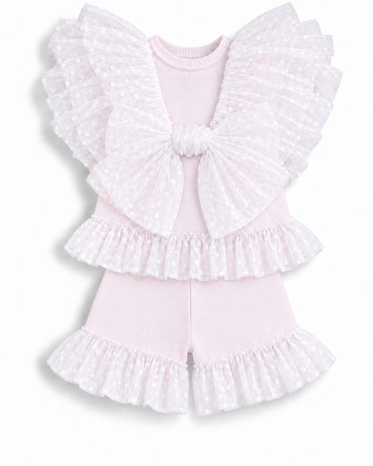 GRANLEI SS27 PREORDER MARCH DELIVERY - Pink knitted tulle frill girls shorts set