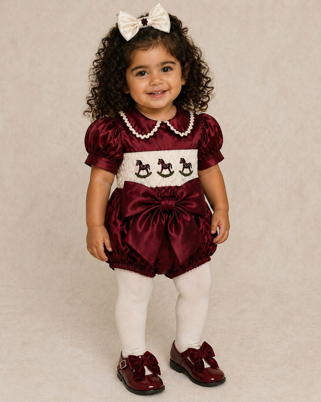 LPP EXCLUSIVE rocking horse burgundy Christmas satin smocked bow romper set - End November delivery