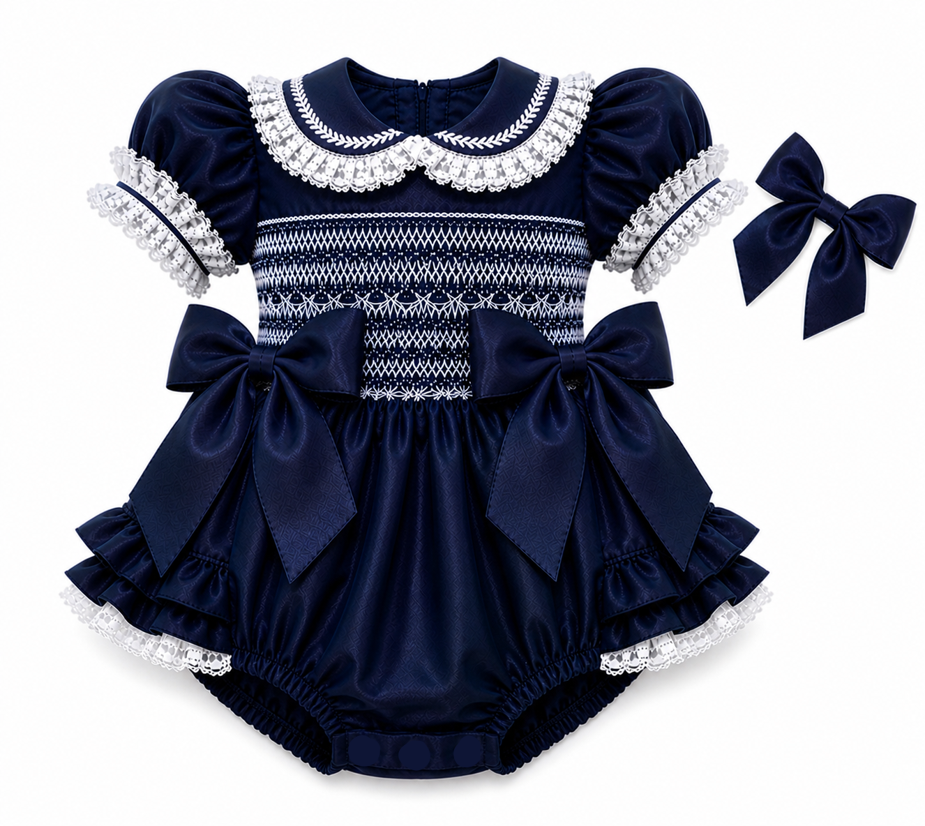 LPP EXCLUSIVE navy frilly bum Christmas smocked double bow romper - End November delivery