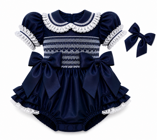 LPP EXCLUSIVE navy frilly bum Christmas smocked double bow romper - End November delivery