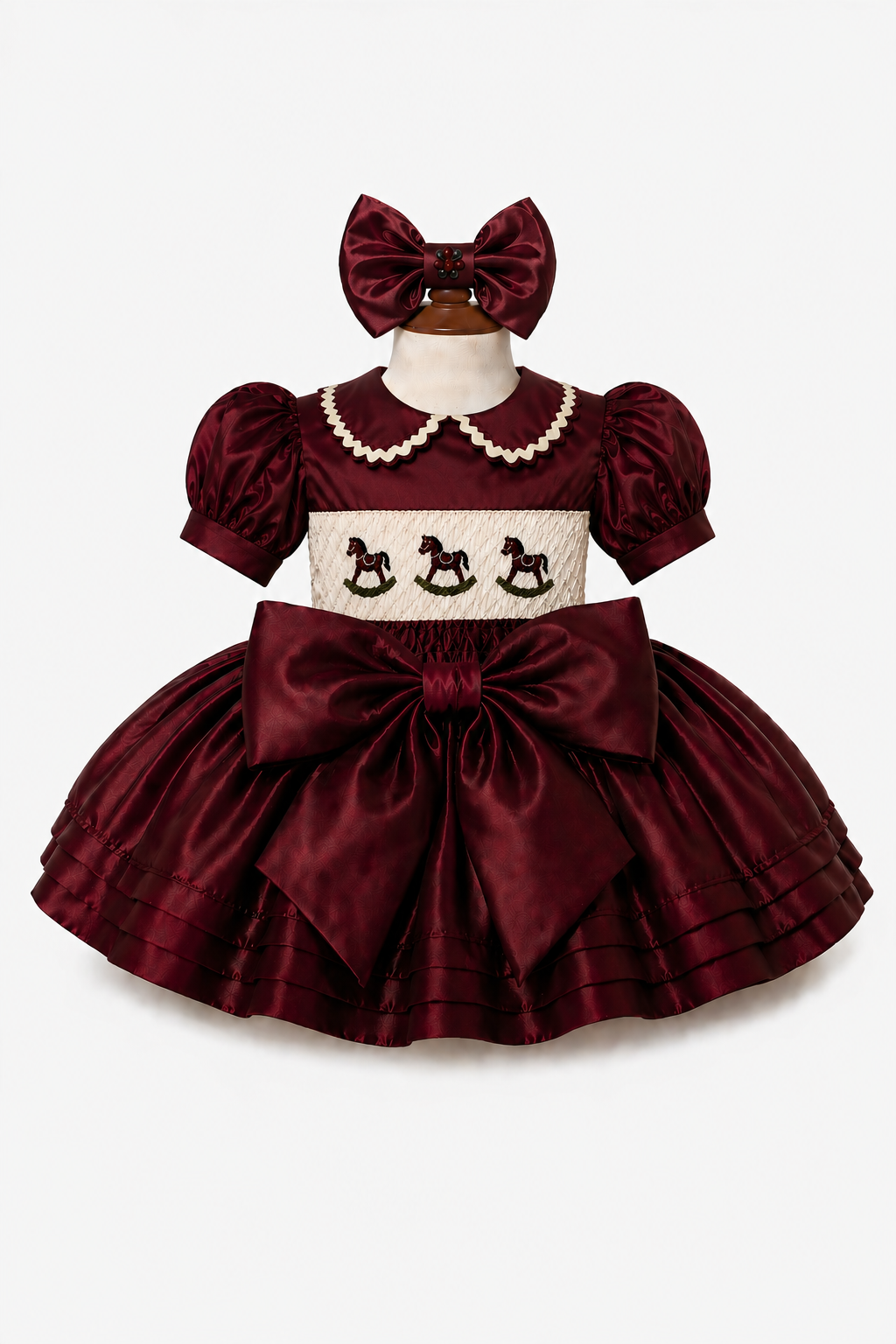 LPP EXCLUSIVE rocking horse burgundy Christmas satin smocked dress - End November delivery