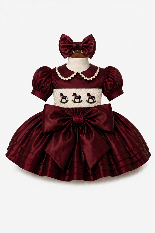 LPP EXCLUSIVE rocking horse burgundy Christmas satin smocked dress - End November delivery