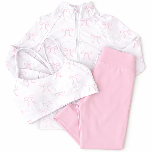 LPP EXCLUSIVES pink bow 3pc activewear leggings, crop top & jacket set - End March Delivery.