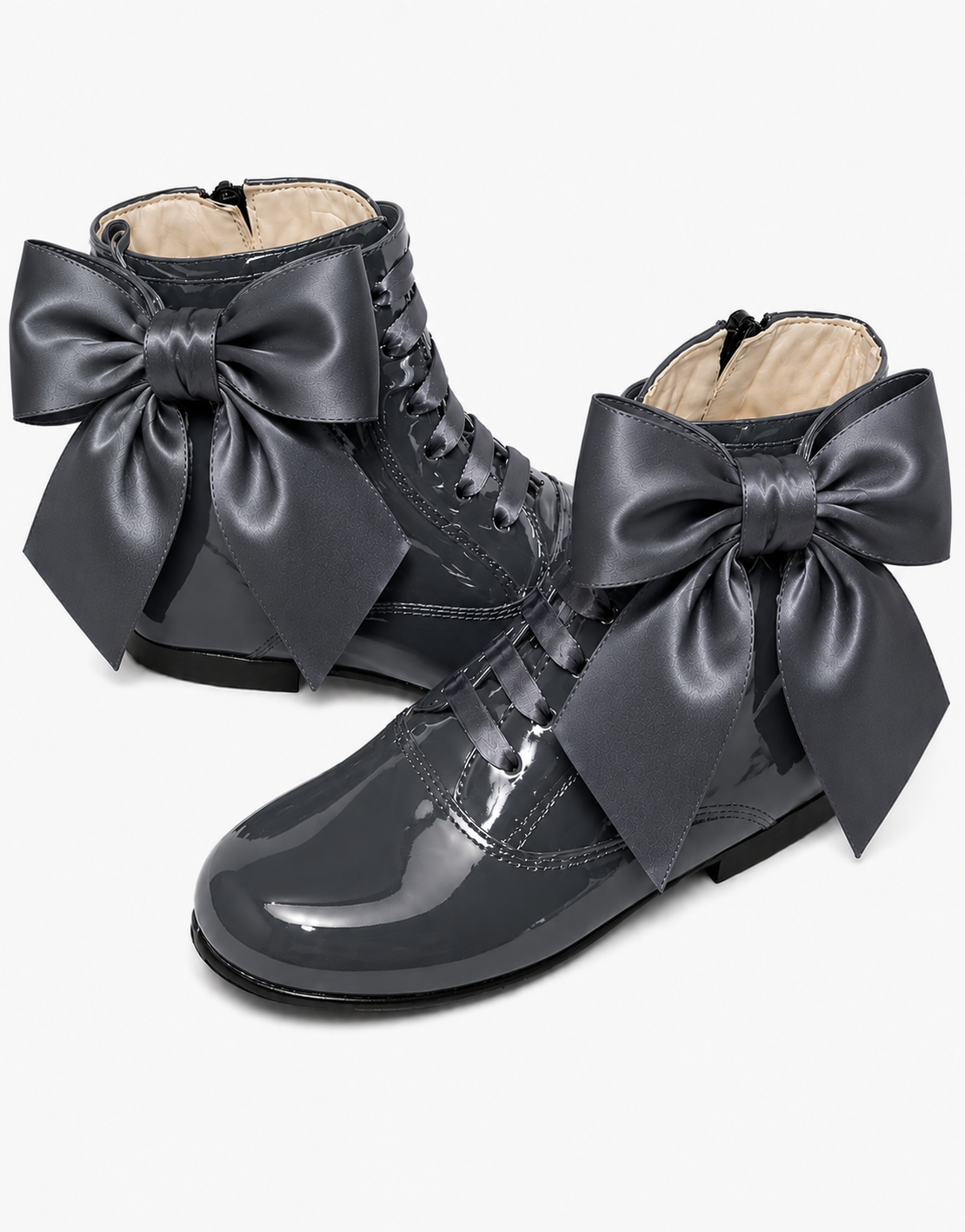 LPP EXCLUSIVE SPANISH SCHOOL UNIFORM COLLECTION grey bow patent leather boots - READY TO SHIP