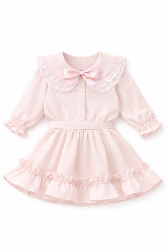 LPP EXCLUSIVES luxe muted pink girls collared bow skirt set - End March Delivery.