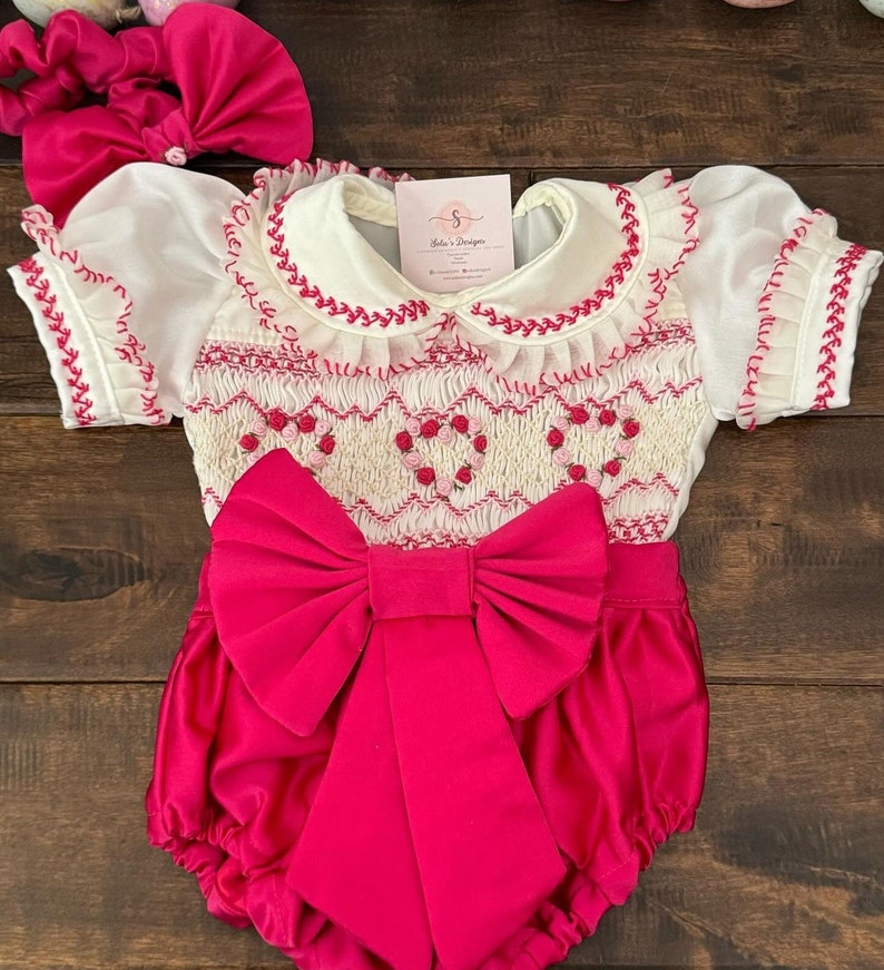 Smocked embroidered heart bow set - HANDMADE IN USA 6-8WK TURNAROUND