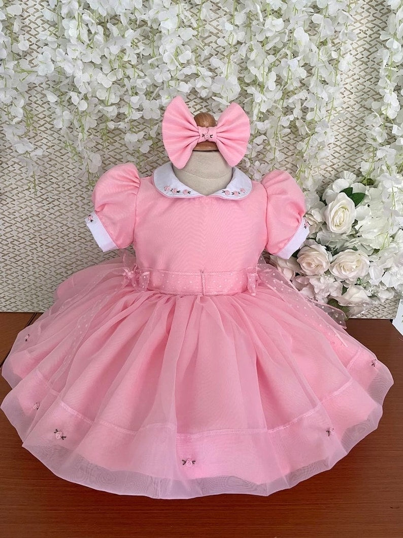 Smocked organza belt frill dress - HANDMADE IN USA 6-8WK TURNAROUND