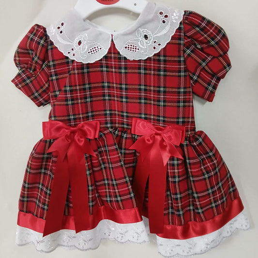 Girls red collared double bow tartan dress