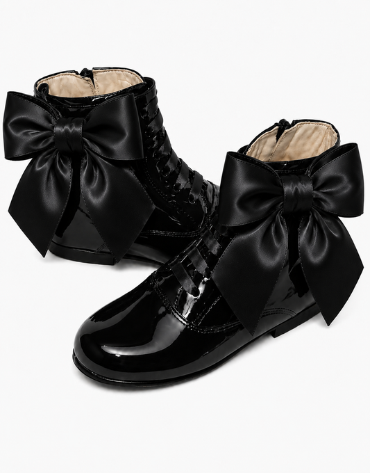 LPP EXCLUSIVE SPANISH SCHOOL UNIFORM COLLECTION black bow patent leather boots - READY TO SHIP