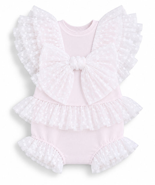 GRANLEI SS27 PREORDER MARCH DELIVERY - Pink knitted tulle frill girls romper