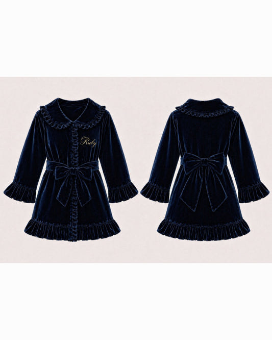 LPP EXCLUSIVE navy velvet girls frilly bow dressing gown - End November delivery