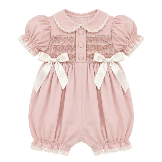 LPP EXCLUSIVE vintage style pink Christmas smocked double bow romper - End November delivery