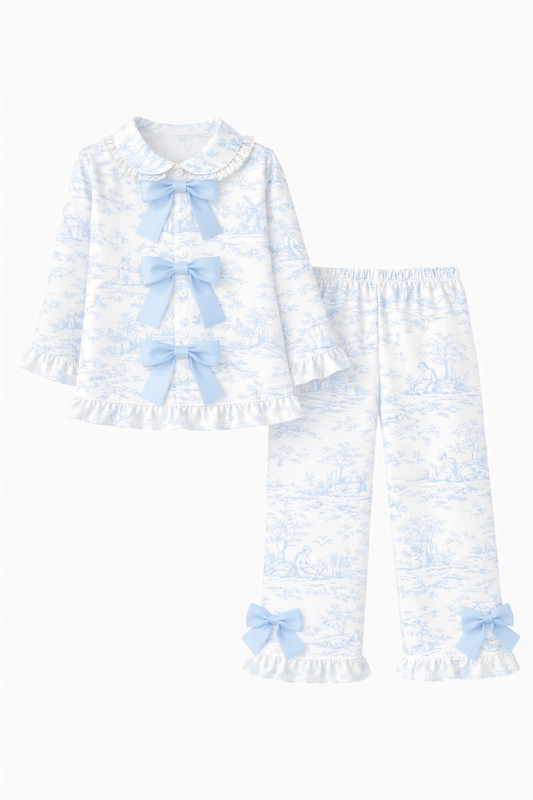 LPP EXCLUSIVES luxe blue womens frilly bow toile pyjamas set - End March Delivery.