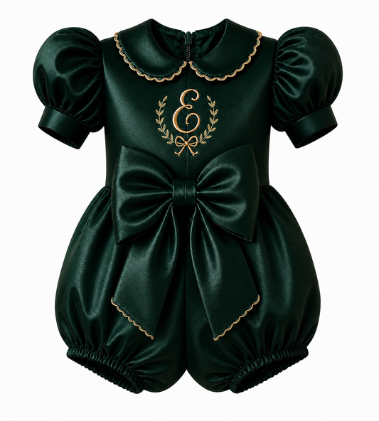 LPP EXCLUSIVE personalised emerald green satin Christmas smocked bow romper - End November delivery