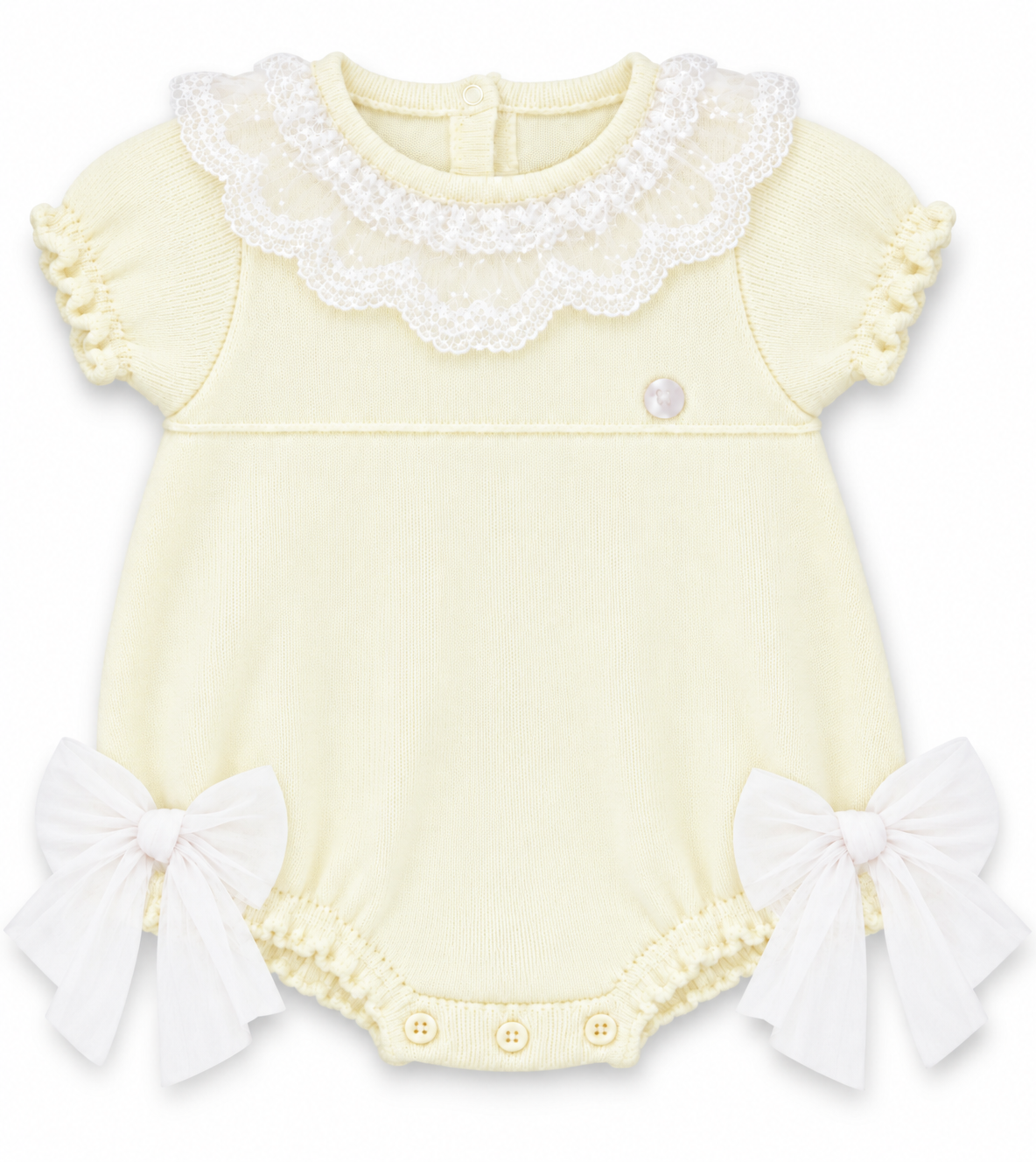 GRANLEI SS27 PREORDER MARCH DELIVERY - Lemon knitted lace bow girls romper