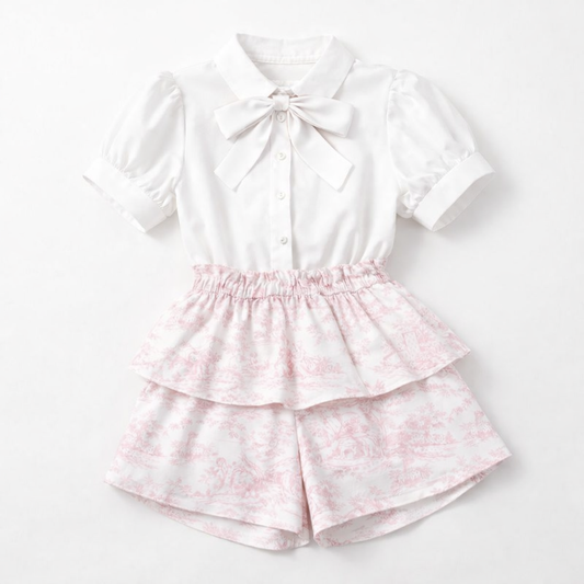 LPP EXCLUSIVES luxe French toile collection womens pussybow pink frill shorts set - End March Delivery.