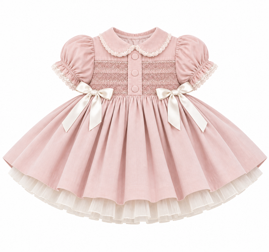 LPP EXCLUSIVE vintage style pink Christmas smocked double bow dress - End November delivery