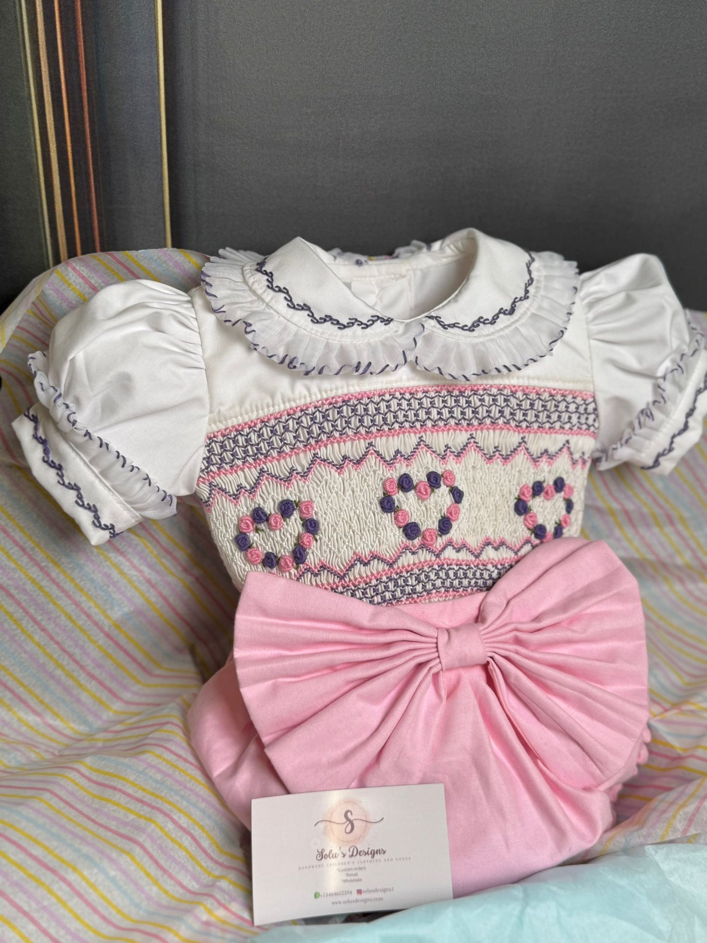 Smocked embroidered heart bow set - HANDMADE IN USA 6-8WK TURNAROUND