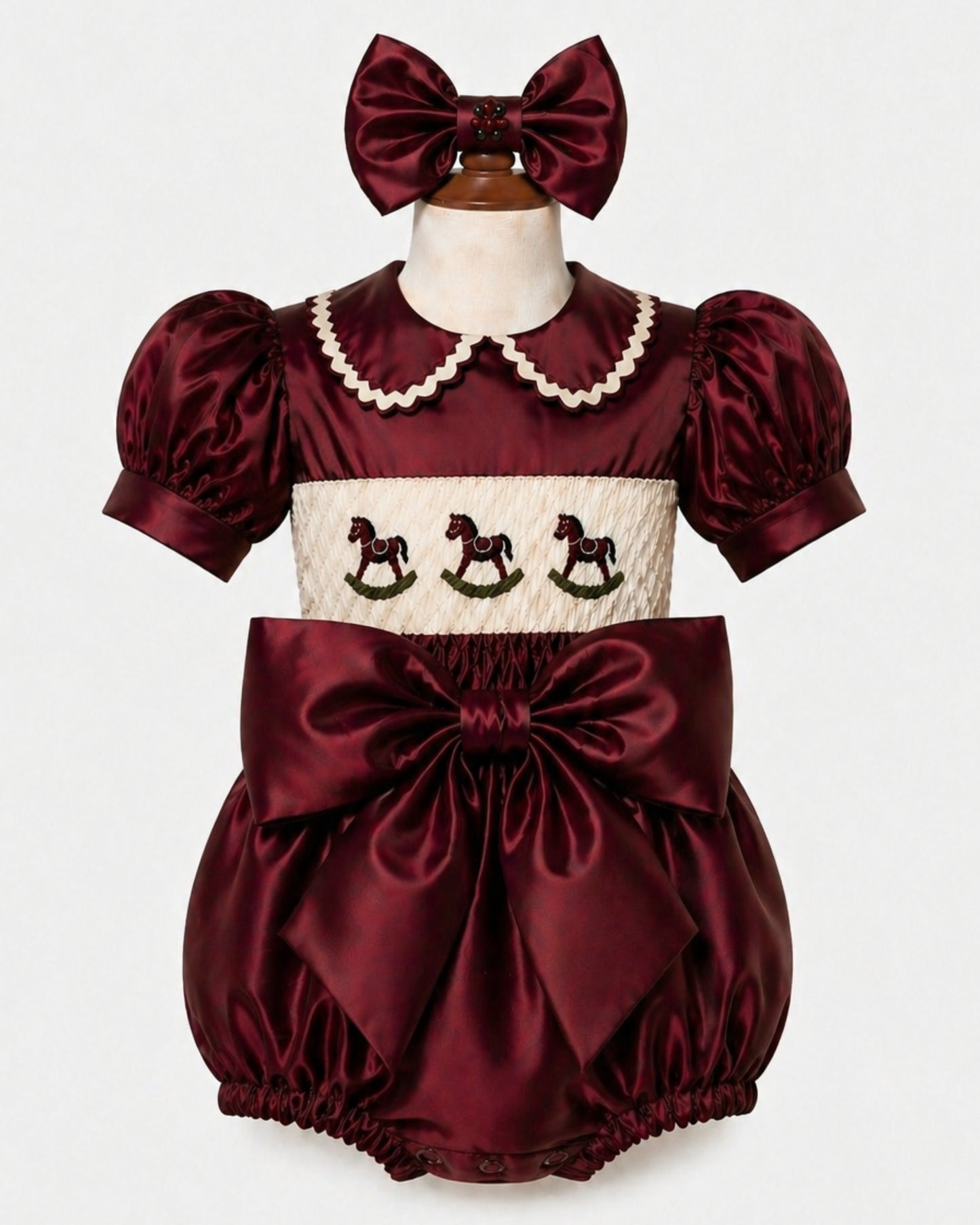 LPP EXCLUSIVE rocking horse burgundy Christmas satin smocked bow romper set - End November delivery
