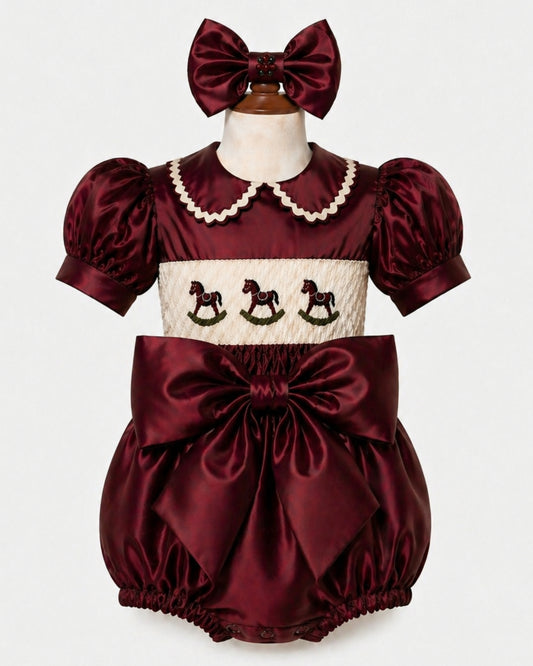 LPP EXCLUSIVE rocking horse burgundy Christmas satin smocked bow romper set - End November delivery