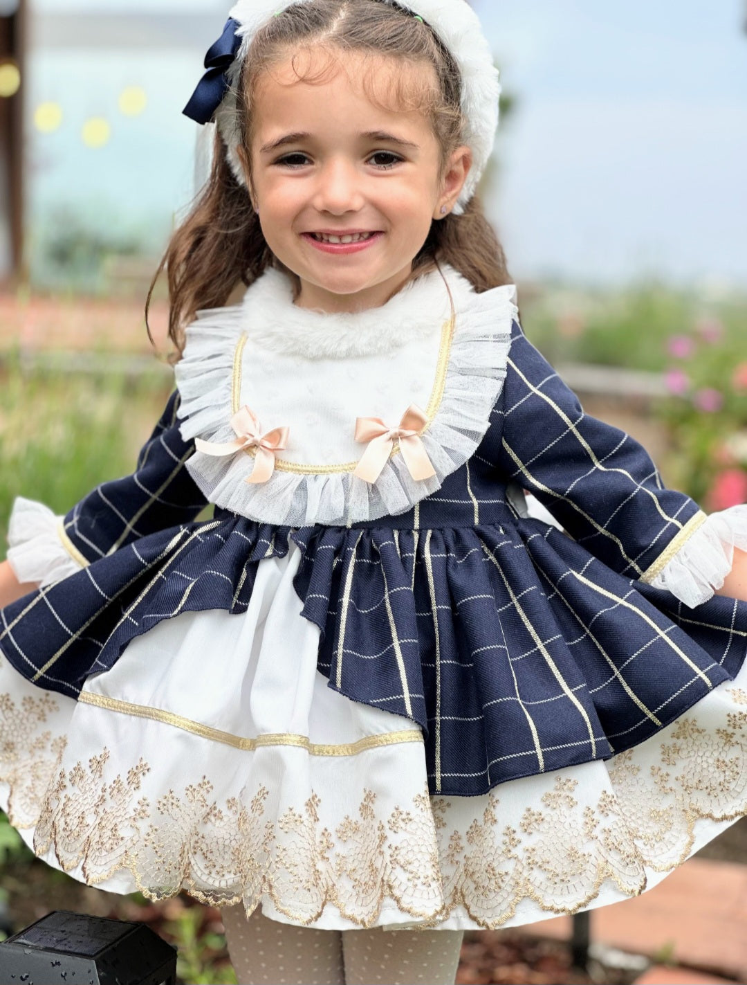 SONATA PREORDER (4-6wk turnaround) - Navy golden lace fur puffball dress IN25-13