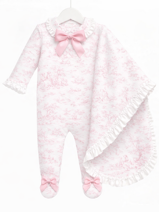 LPP EXCLUSIVES luxe baby girls pink toile sleepsuit & blanket - End March Delivery.
