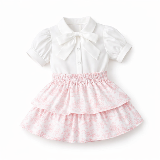 LPP EXCLUSIVES luxe French toile collection girls pussybow pink frill skirt set - End March Delivery.
