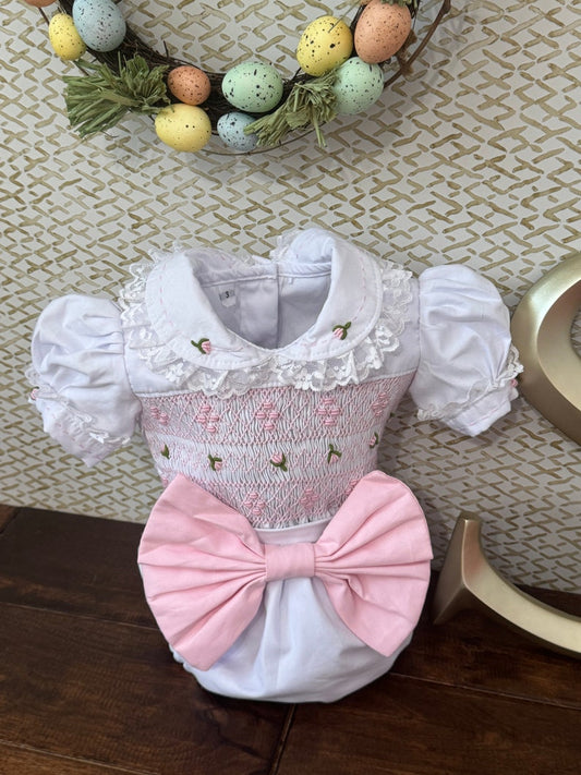 Smocked embroidered bow set - HANDMADE IN USA 6-8WK TURNAROUND